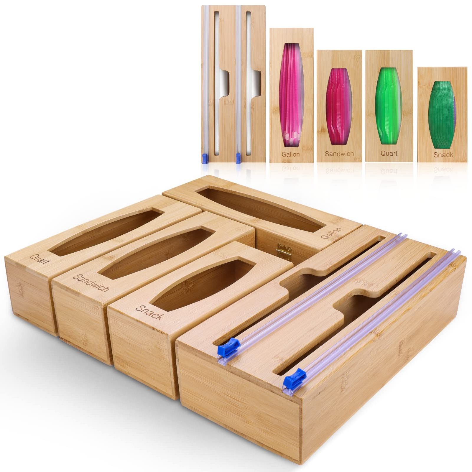 Custom Color Wall Mount 6 9 IN 1 Bamboo Foil Cutter and Plastic Wrap Organizer Bamboo Ziplock Bag Storage Organizer Box