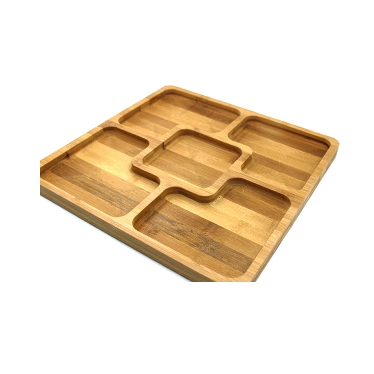 Natural 5 divided compartments square bamboo snack dessert serving tray dishes