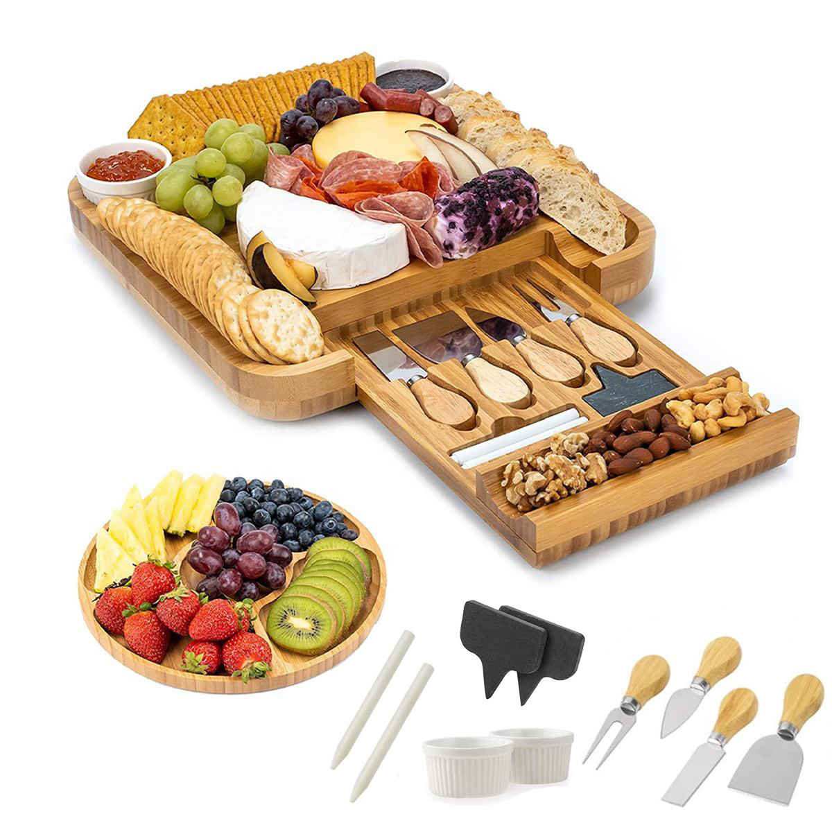 BSCI LFGB Bamboo Charcuterie Cutting Board with Cheese Tools Stainless Steel Knife Set Cheese Board and Knife Set Cheese  Board