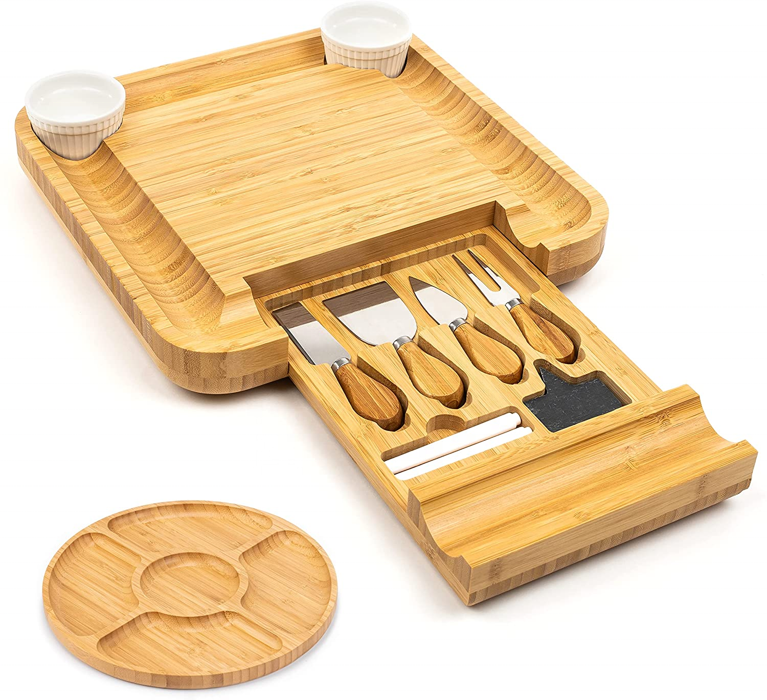 BSCI LFGB Bamboo Charcuterie Cutting Board with Cheese Tools Stainless Steel Knife Set Cheese Board and Knife Set Cheese  Board