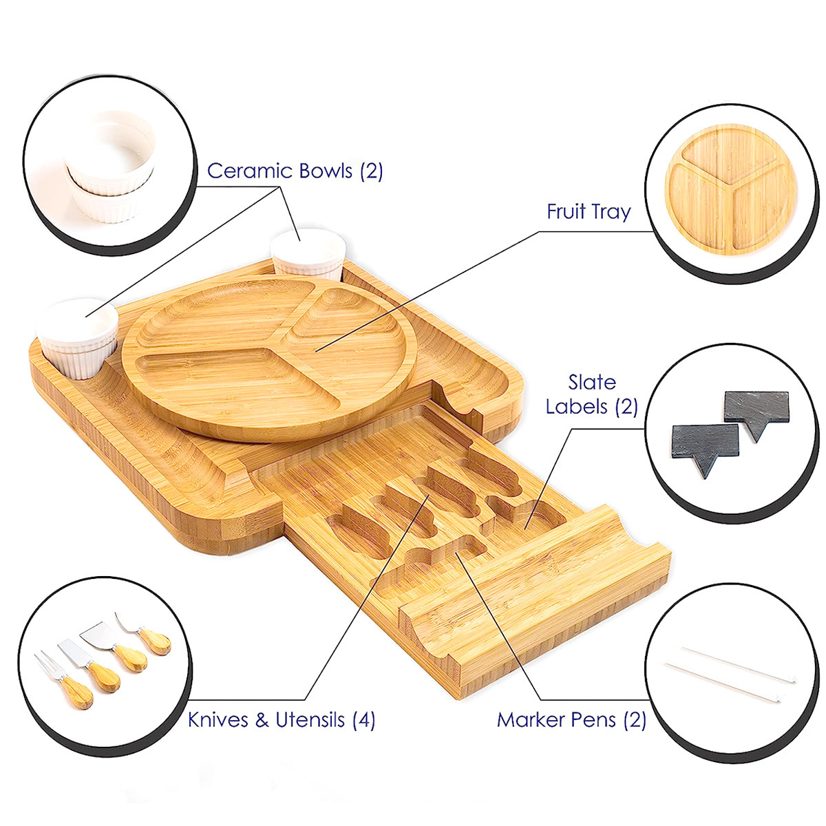 BSCI LFGB Bamboo Charcuterie Cutting Board with Cheese Tools Stainless Steel Knife Set Cheese Board and Knife Set Cheese  Board