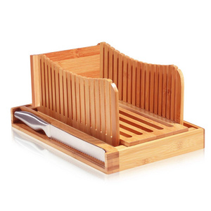 Custom Bamboo Wood  Bread Board with Stainless Steel Knife Set and Crumb Tray Bread Slicer Cutting Bread Board