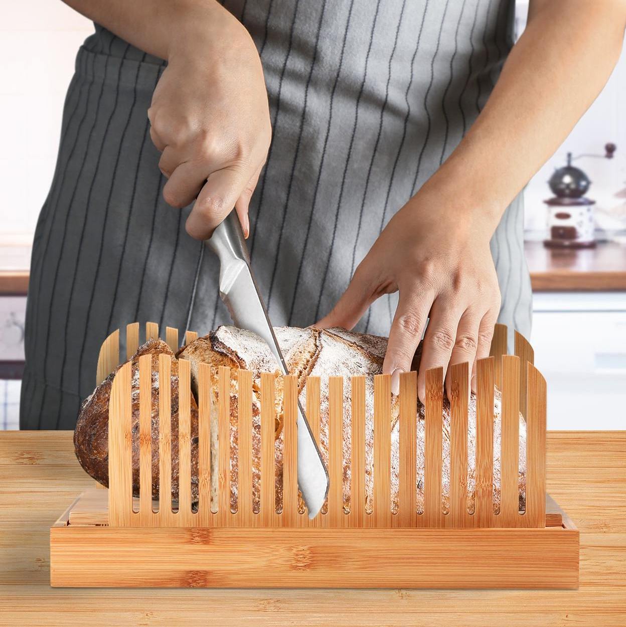 Custom Bamboo Wood  Bread Board with Stainless Steel Knife Set and Crumb Tray Bread Slicer Cutting Bread Board