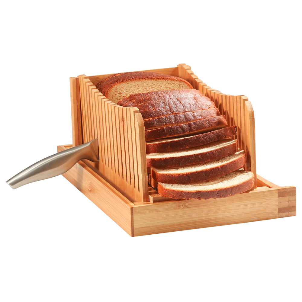 Custom Bamboo Wood  Bread Board with Stainless Steel Knife Set and Crumb Tray Bread Slicer Cutting Bread Board