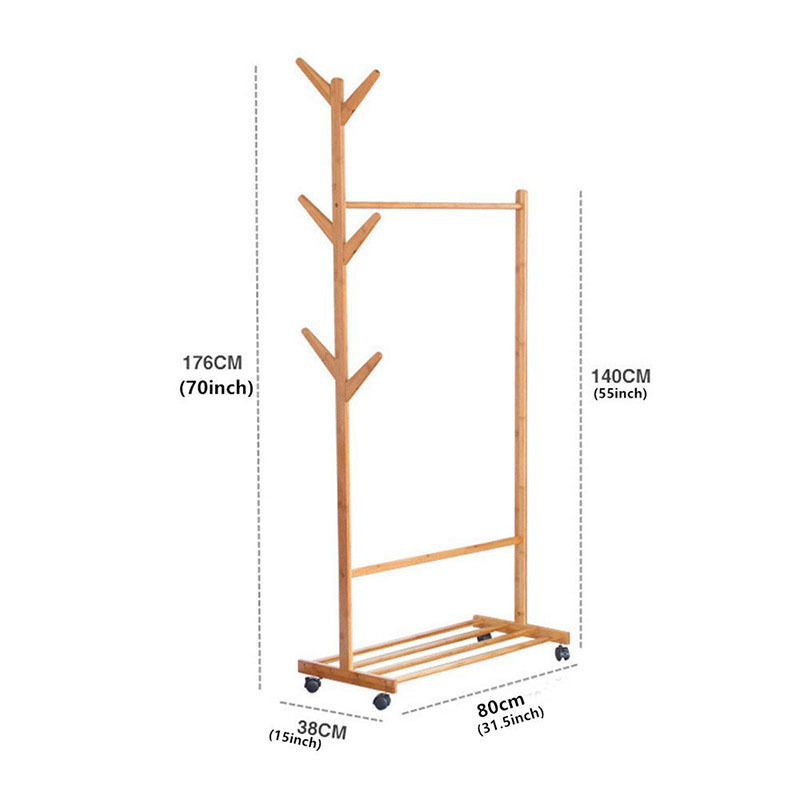 Multifunctional  Bamboo Clothing Garment hanger Rack stand with  Shoe Shelves