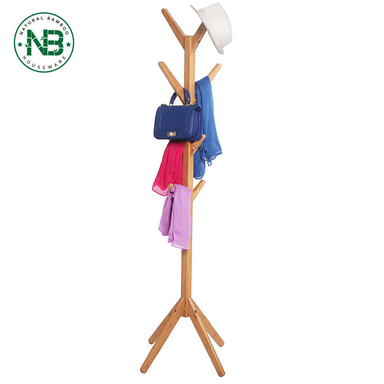 Bamboo Wood 8 Hook Coat & Hat Stand Storage Rack Garment Tree Rack