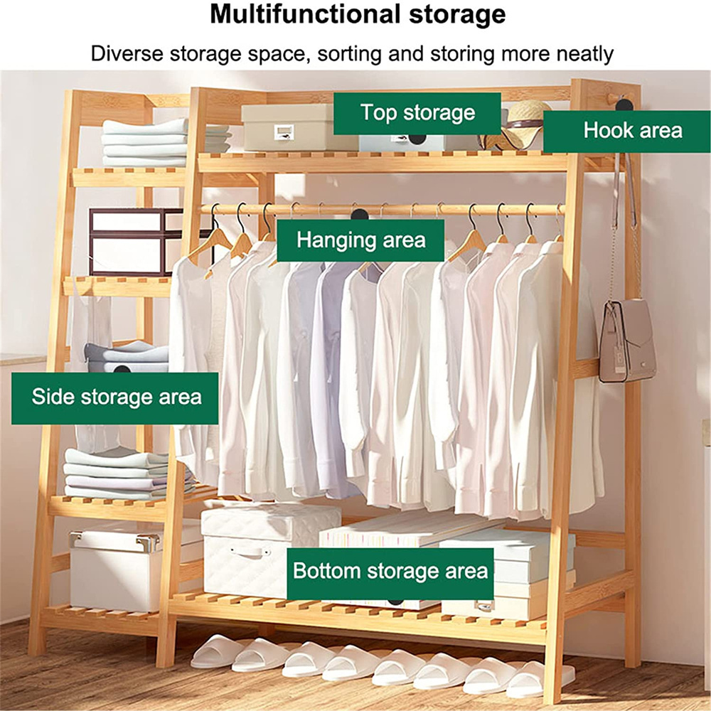 With rack and shoe clothes storage organizer bamboo clothing coat hanger