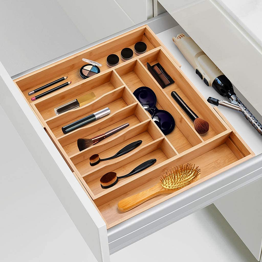 Wood Bamboo Expandable Adjustable Kitchen Cutlery Tray Drawer Organizer Cutlery Utensil Organizer