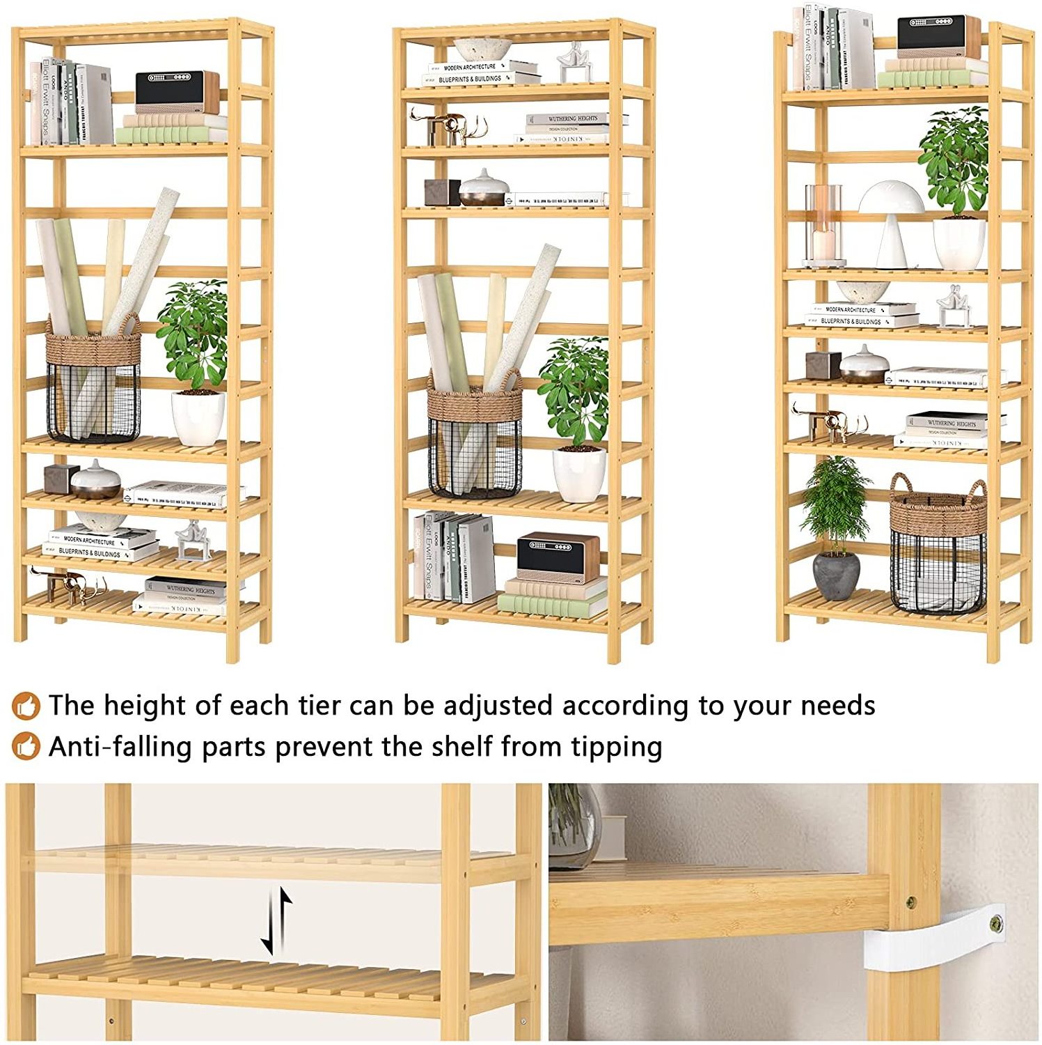 BSCI Custom 6 Tiers Adjustable Tall Bookcase Book Shelf Rack Organizer Shelving Unit Free Standing Storage Bamboo Bookshelf