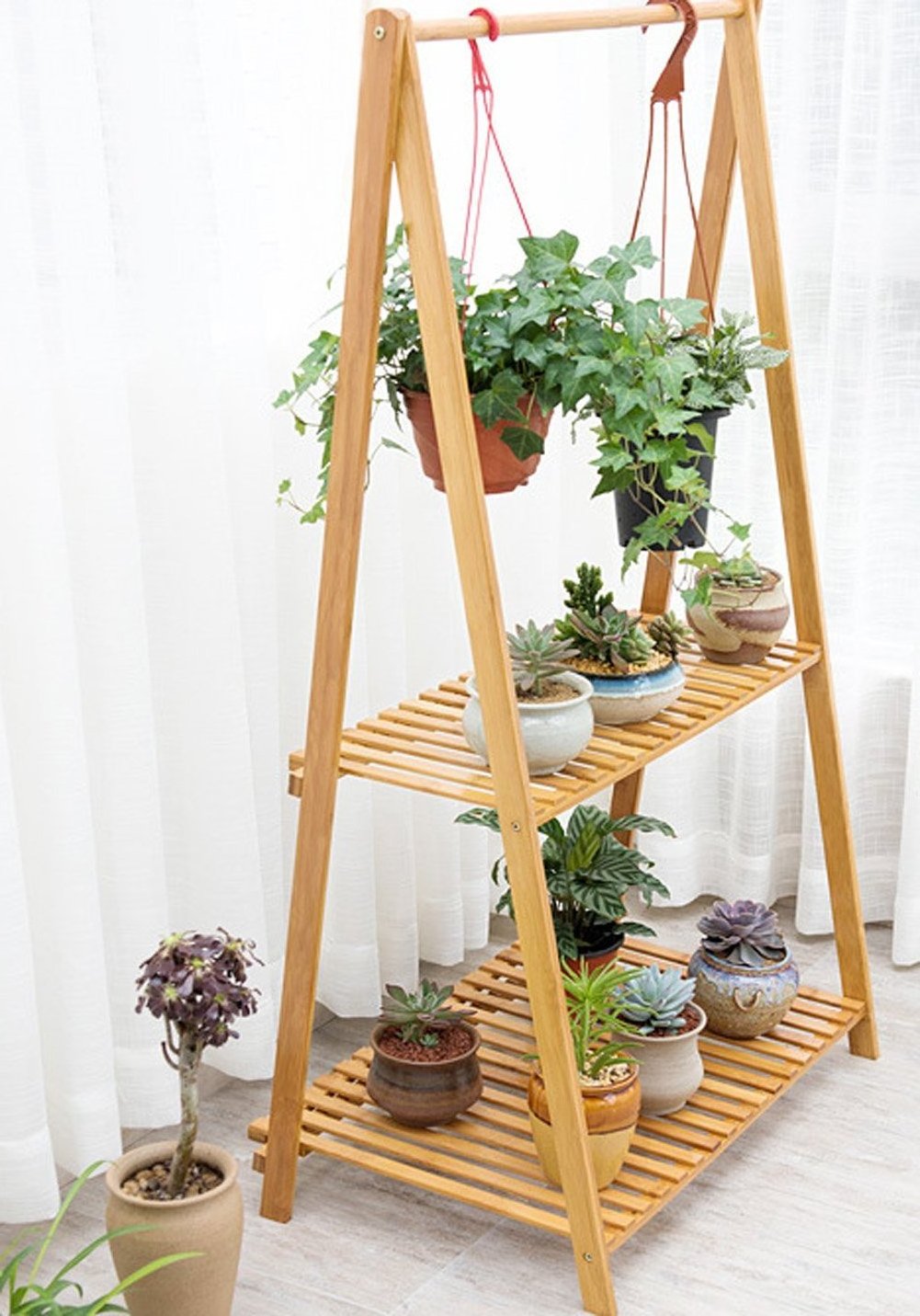 3 tier Ladder Stands Indoor Outdoor Modern Foldable Hanging Display Racks Bamboo Flower Pot Plant Shelves