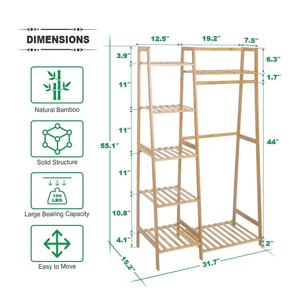 CUSTOM Minimalism Garment Bamboo Shelf 7-Tier Storage Shelves Heavy Duty Clothing Rack for Wardrobe Closet Organizer