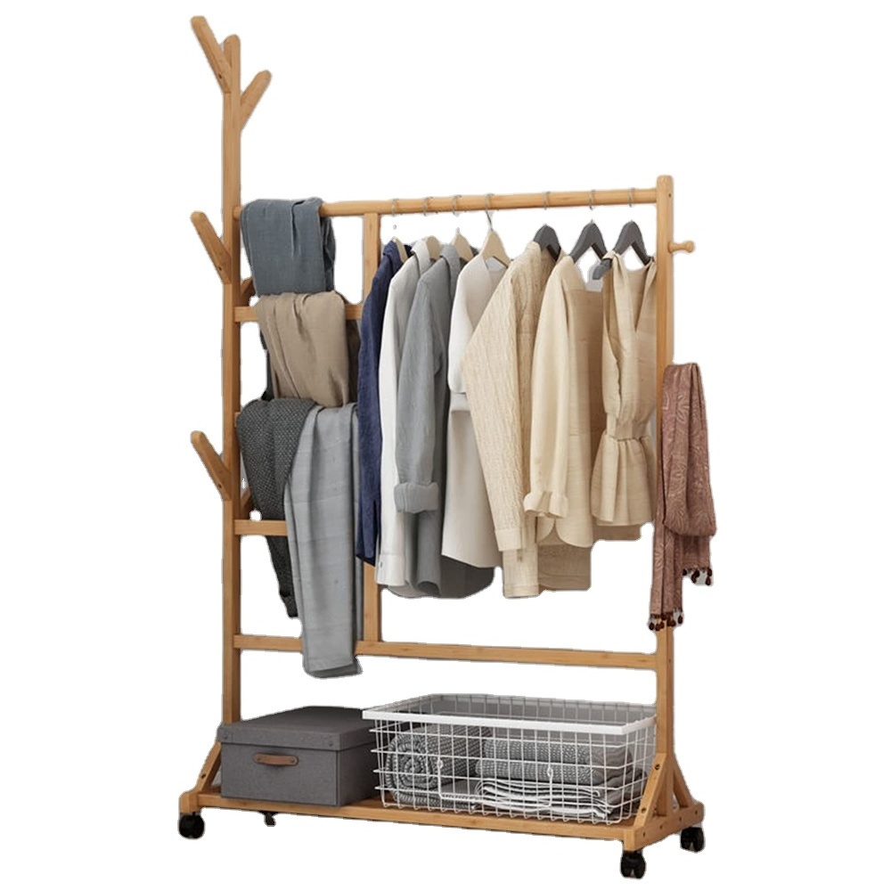 Multifunctional bedroom clothes rail rack bamboo wardrobe storage rack