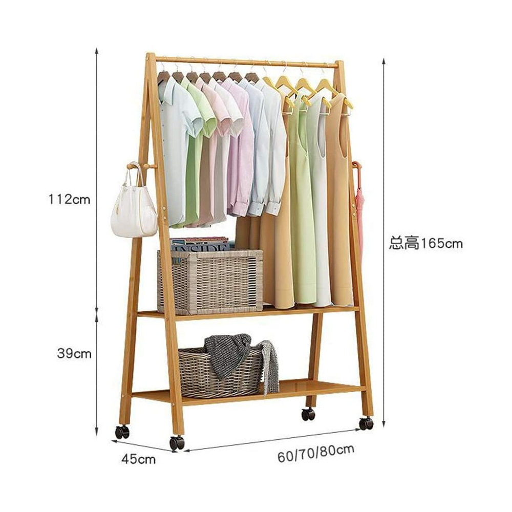 2 Tiers With Wheels Storage Rack Garment Bamboo Coat Rack