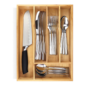 Small Extra-Deep Bamboo Kitchen Drawer Organizer Divider Silverware Tray Organizer for Spoons Forks Knives Cutleries