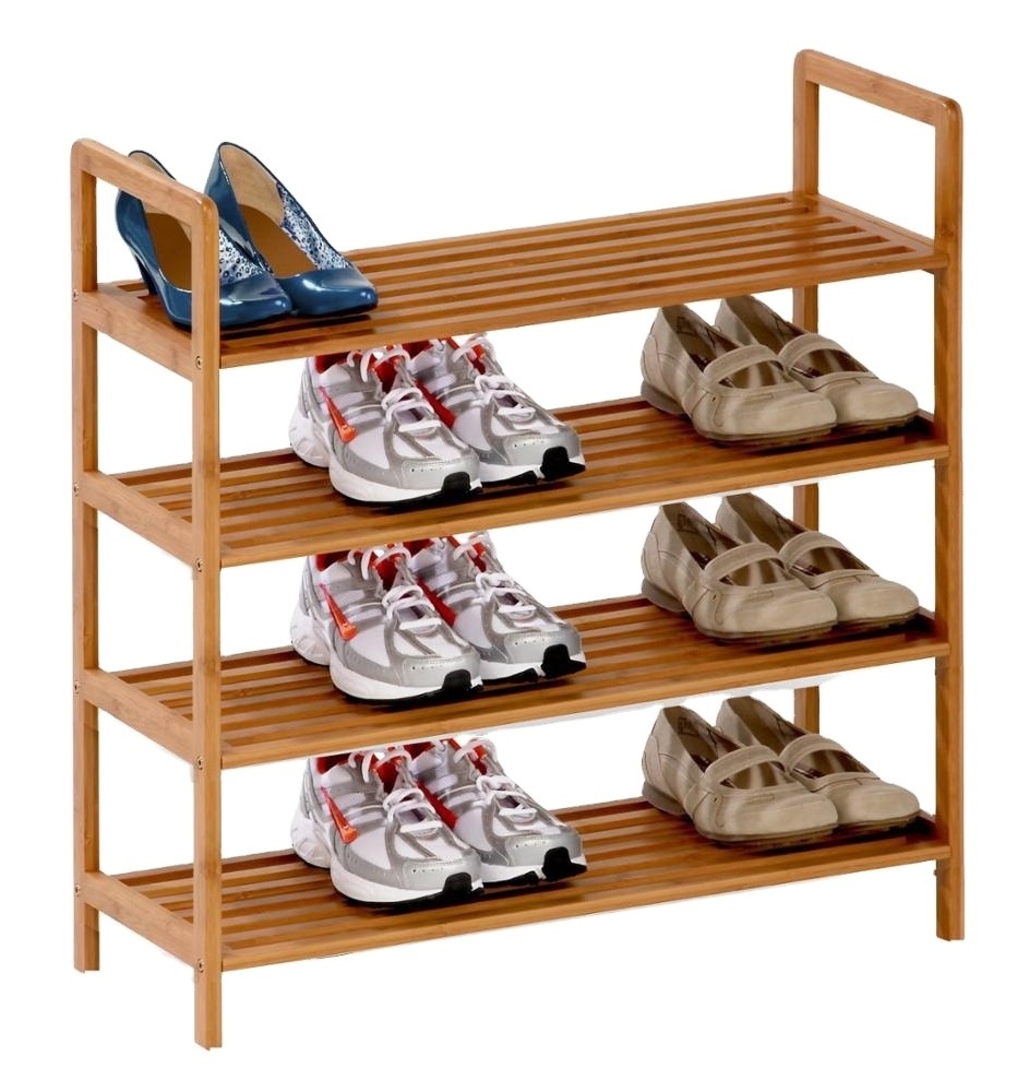 Custom Logo Shoe Shelf Storage Organizer for Home Office Outside  4-Tier Bamboo Shoes Rack