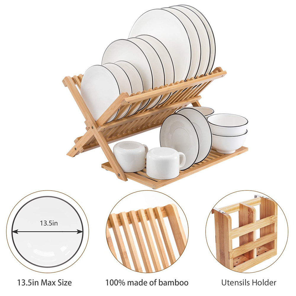 Large dish drying rack with tableware support set bamboo foldable dish rack