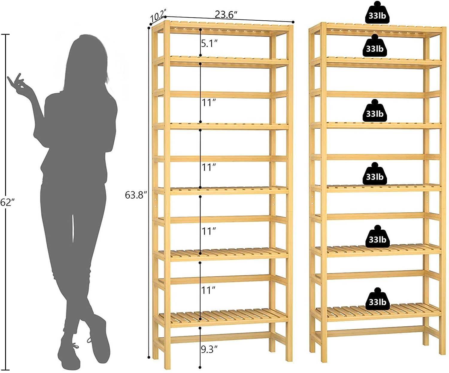 BSCI Custom 6 Tiers Adjustable Tall Bookcase Book Shelf Rack Organizer Shelving Unit Free Standing Storage Bamboo Bookshelf