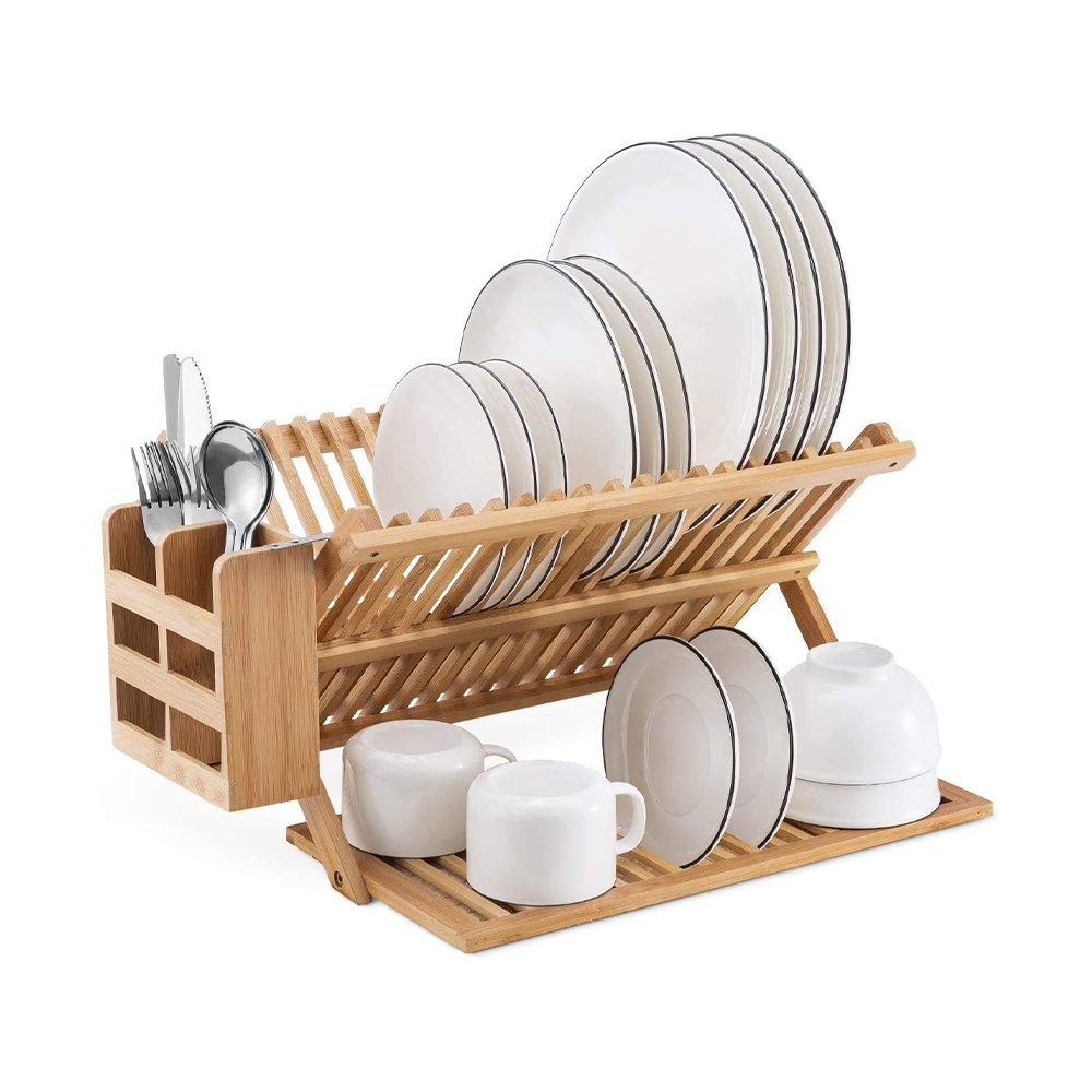 Large dish drying rack with tableware support set bamboo foldable dish rack