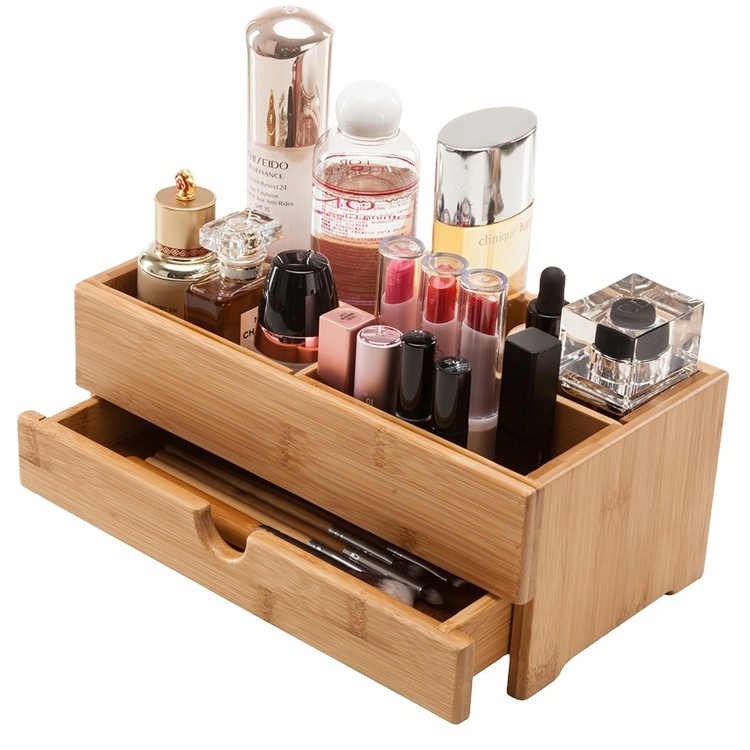 Bamboo Desktop Organizer Cosmetics Storage Box Mini Desk Makeup Organizer with Drawers