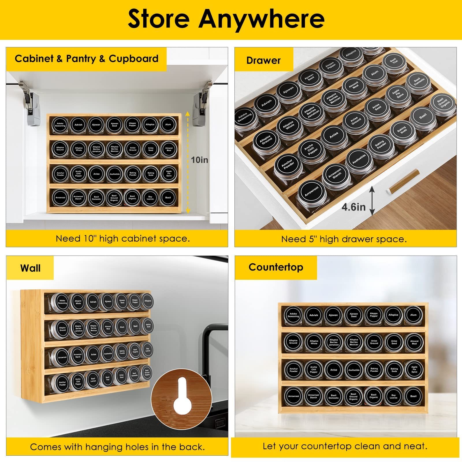 4 layer hanging rack chest of drawers kitchen countertop wall mounted bamboo spice rack organizer