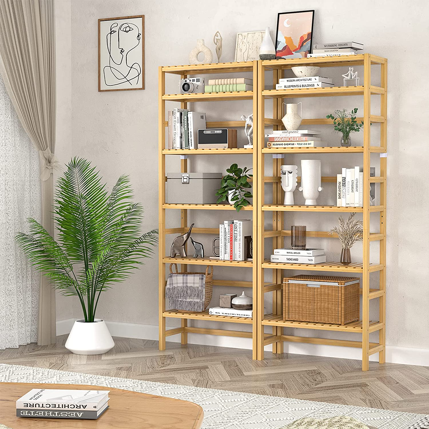 BSCI Custom 6 Tiers Adjustable Tall Bookcase Book Shelf Rack Organizer Shelving Unit Free Standing Storage Bamboo Bookshelf