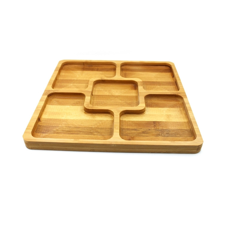 Natural 5 divided compartments square bamboo snack dessert serving tray dishes