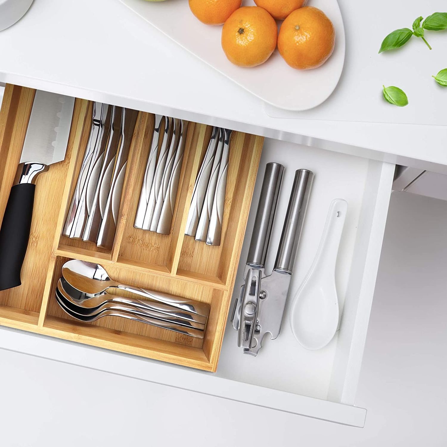 Small Extra-Deep Bamboo Kitchen Drawer Organizer Divider Silverware Tray Organizer for Spoons Forks Knives Cutleries