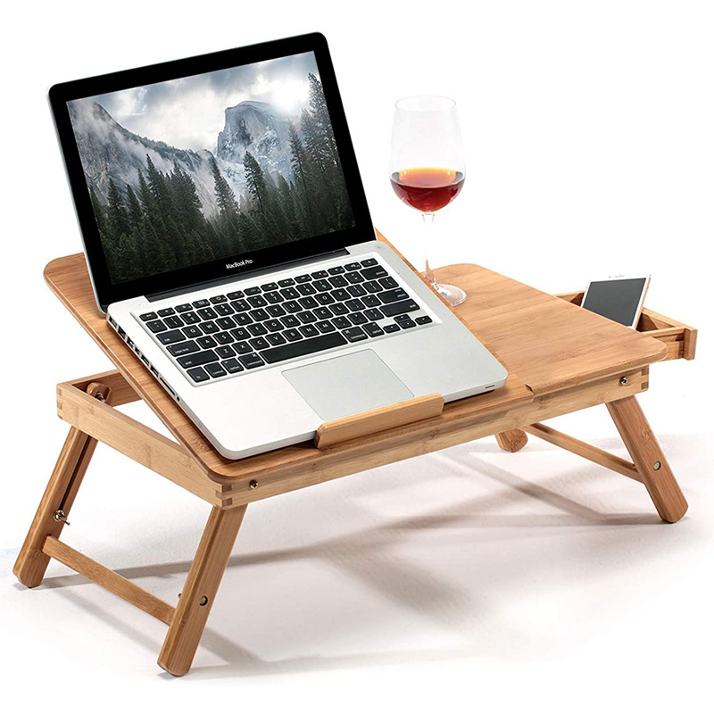 Large Foldable Bamboo Laptop Tray With Height Adjustable Legs Drawer Cup Holder