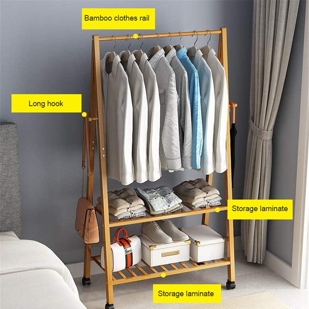 2 Tiers With Wheels Storage Rack Garment Bamboo Coat Rack