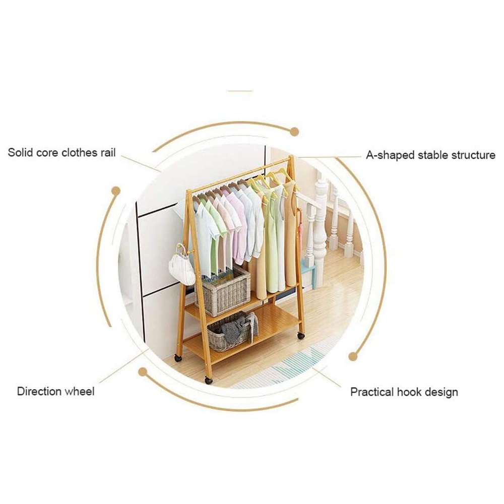 2 Tiers With Wheels Storage Rack Garment Bamboo Coat Rack