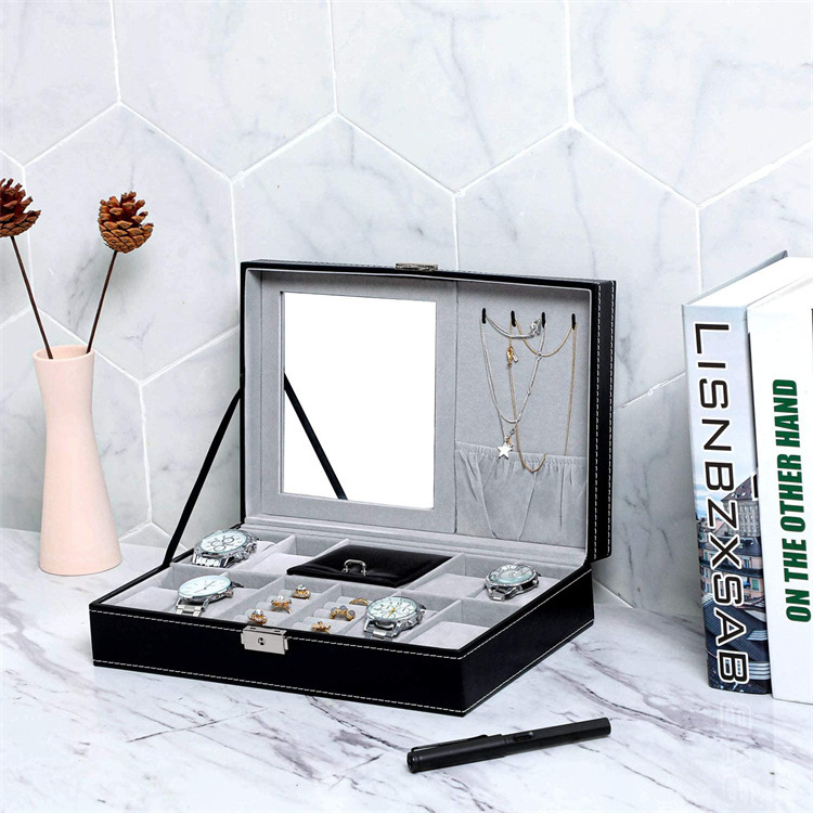 Jewelry Box 8 Watch Display Case Organizer Jewelry Tray Storage Box Black PU Leather with Mirror and Lock