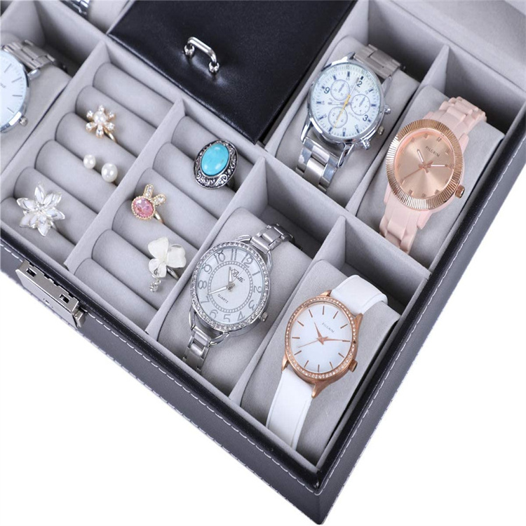 Jewelry Box 8 Watch Display Case Organizer Jewelry Tray Storage Box Black PU Leather with Mirror and Lock