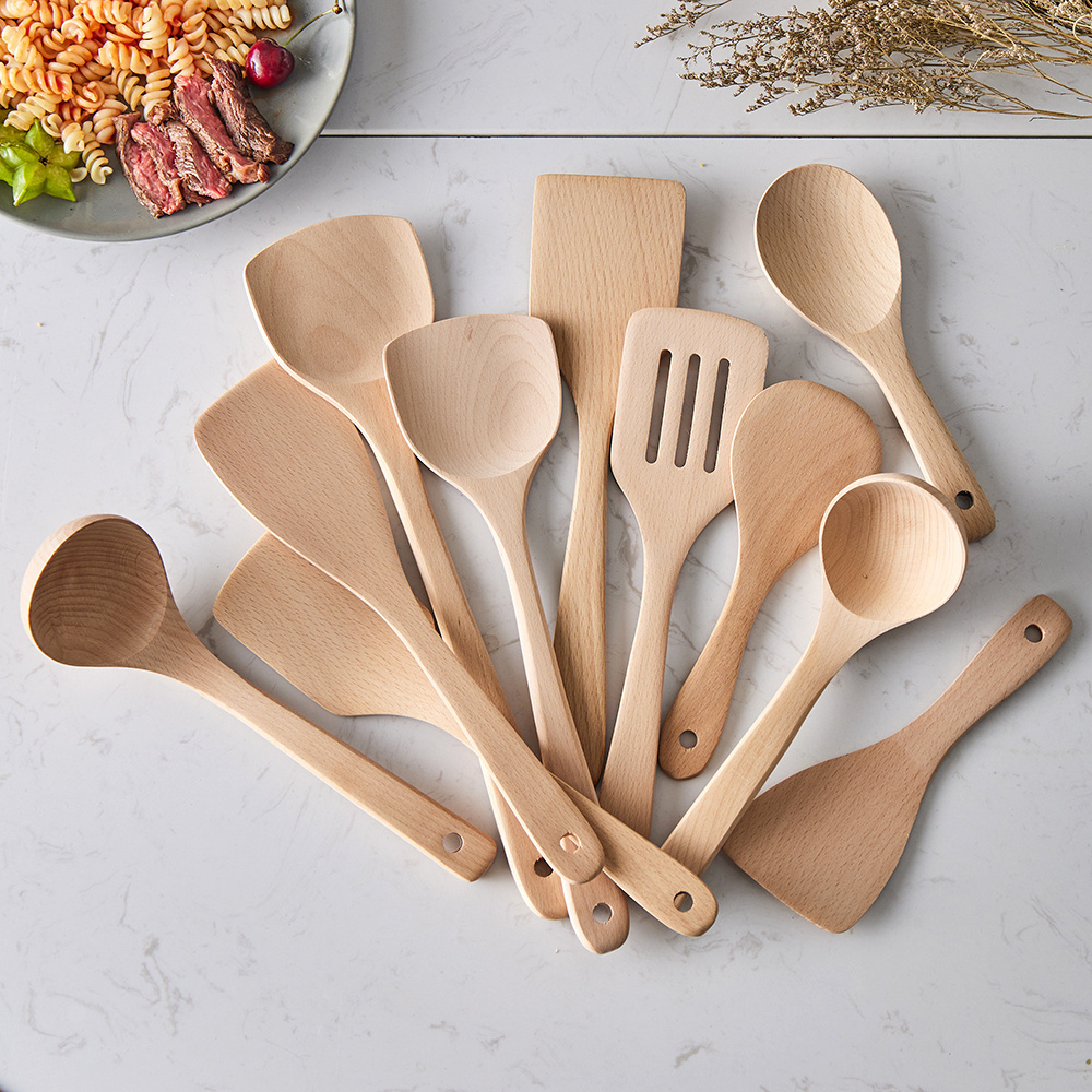 Wholesale Customized Logo Beech Wood Spoon Spatula Fork Ladle Tong Turner Cooking Serving Kitchen Utensil