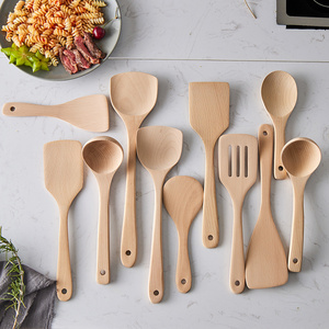 Wholesale Customized Logo Beech Wood Spoon Spatula Fork Ladle Tong Turner Cooking Serving Kitchen Utensil