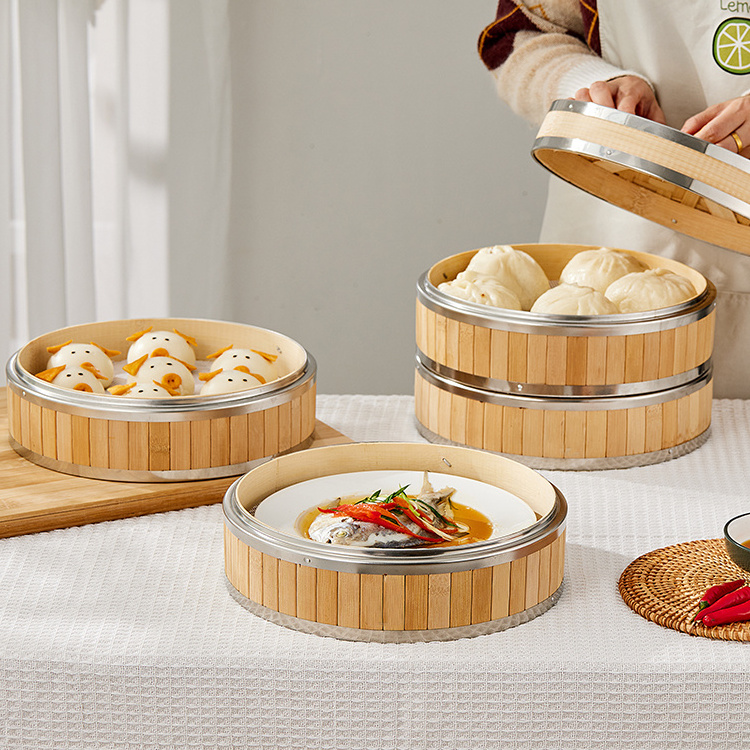 Wholesale 10 Inch 2-Tier Bamboo Steamer Basket with Stainless Steel Ring for Cooking Dim Sum Bao Buns and Dumpling