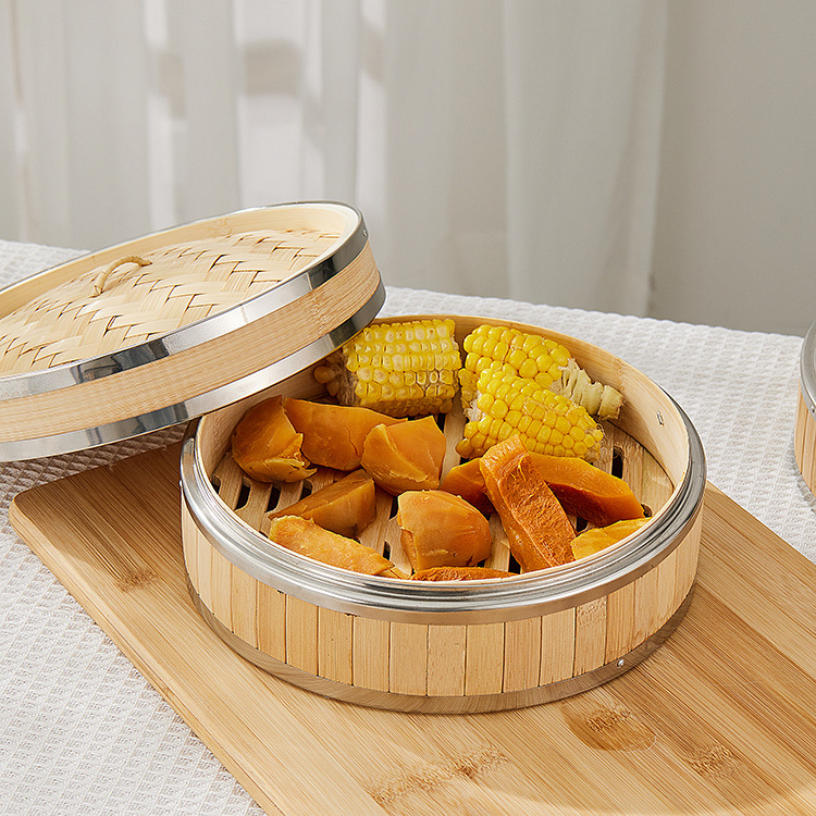 Wholesale 10 Inch 2-Tier Bamboo Steamer Basket with Stainless Steel Ring for Cooking Dim Sum Bao Buns and Dumpling