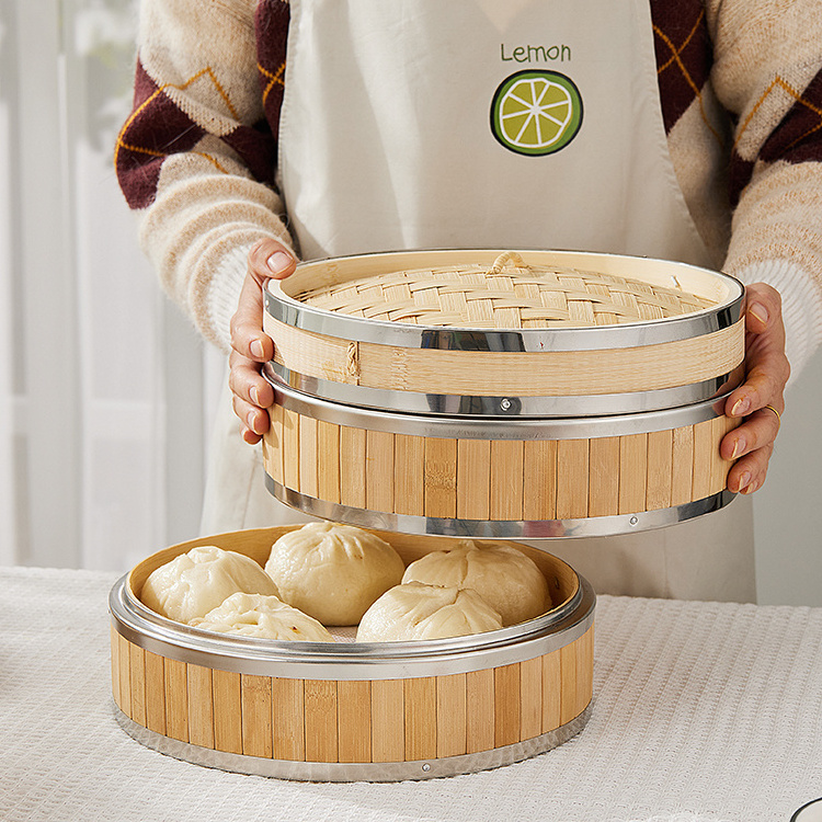 Wholesale 10 Inch 2-Tier Bamboo Steamer Basket with Stainless Steel Ring for Cooking Dim Sum Bao Buns and Dumpling