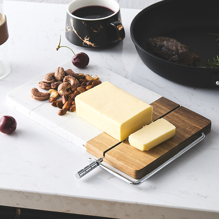 Wholesale Natural Acacia Wood and Marble Cheese Cutting Serving Board with Stainless Steel Wire Cheese Slicer