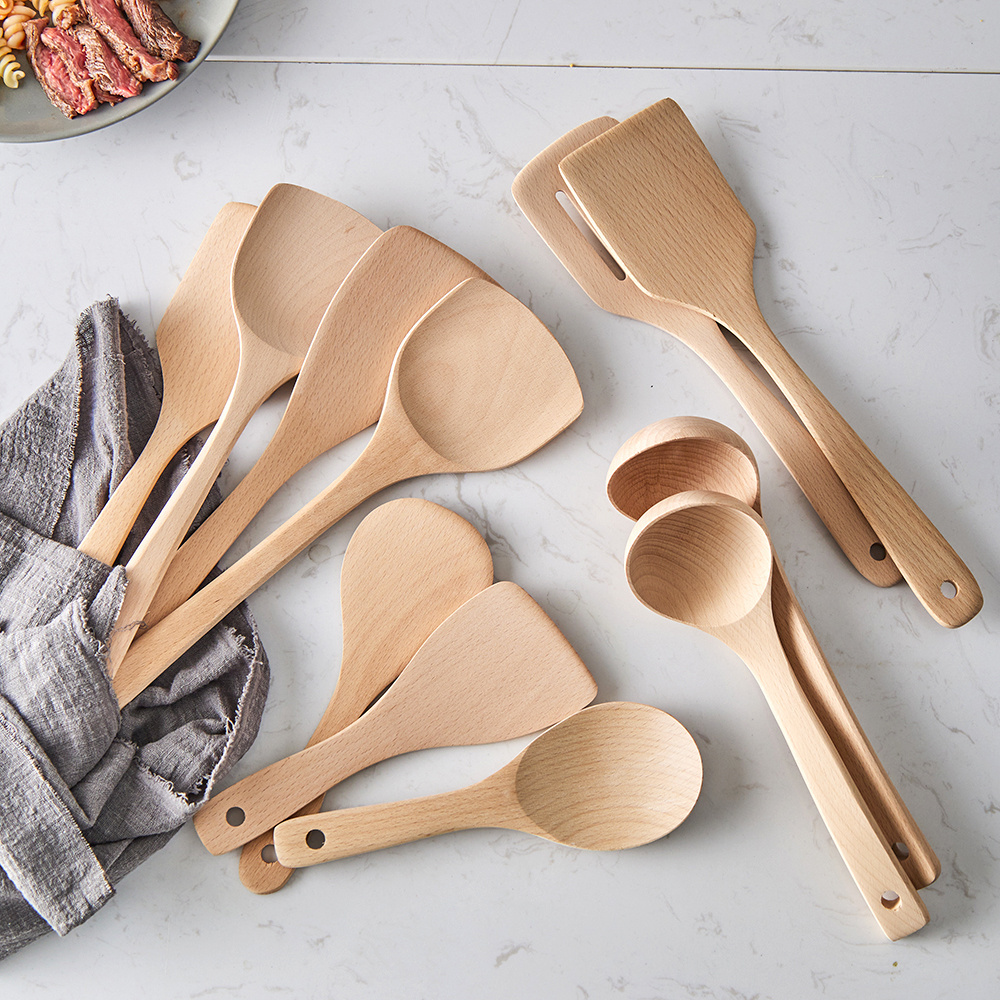 Wholesale Customized Logo Beech Wood Spoon Spatula Fork Ladle Tong Turner Cooking Serving Kitchen Utensil