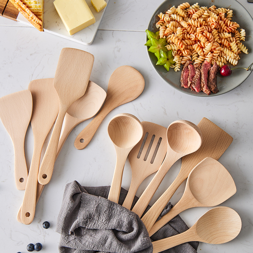 Wholesale Customized Logo Beech Wood Spoon Spatula Fork Ladle Tong Turner Cooking Serving Kitchen Utensil