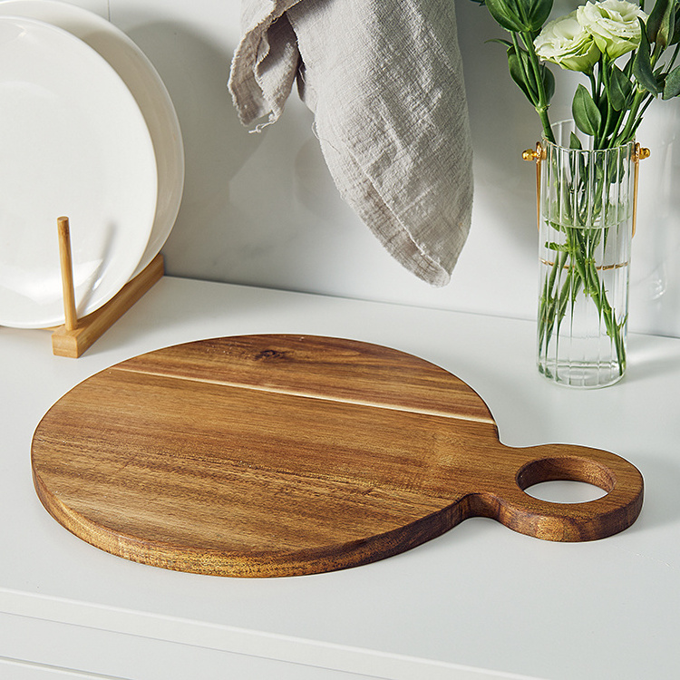 Promotion Stock Natural Acacia Wooden Round Charcuterie Cheese Serving Cutting Board with Handle