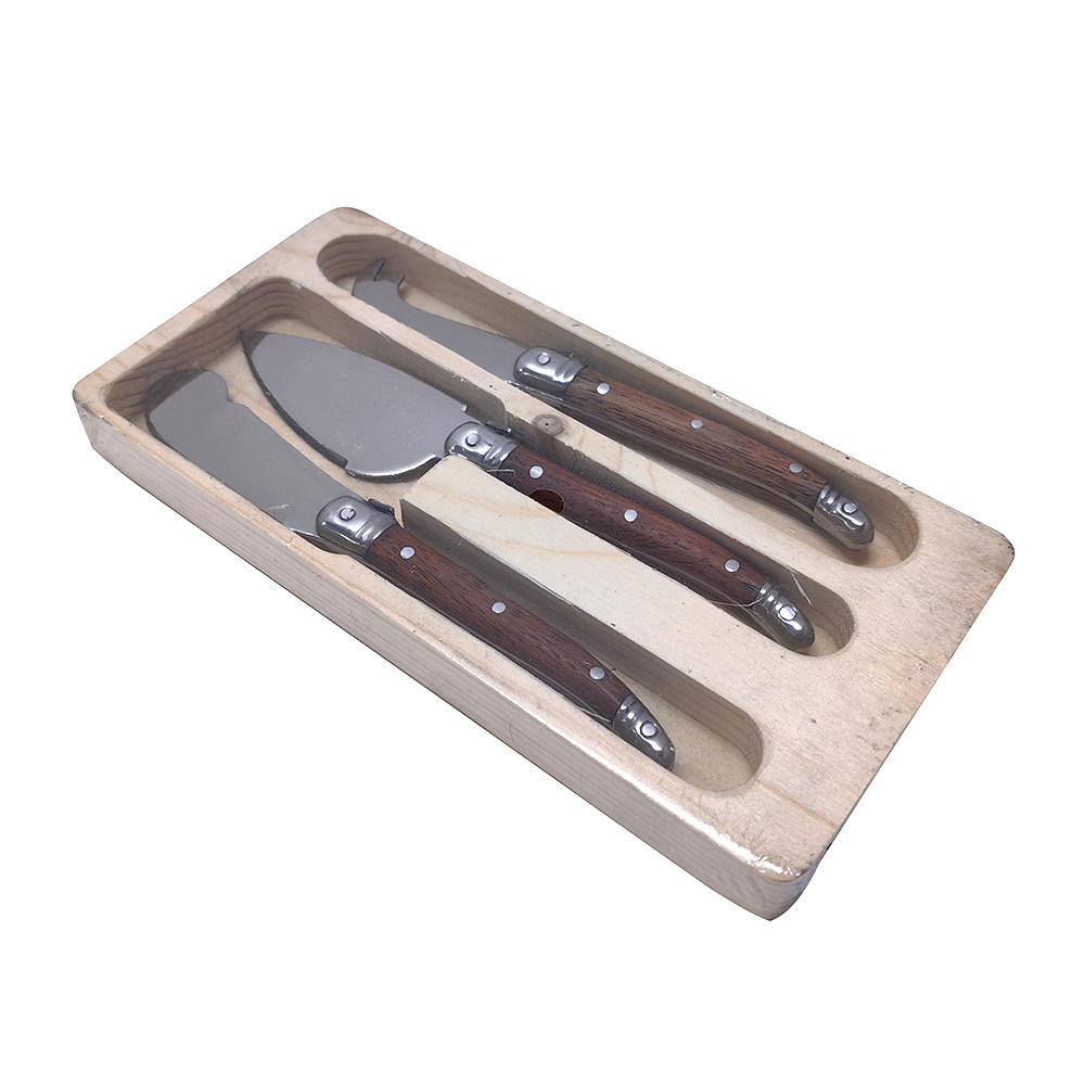 Wholesale 3 Pieces Laguiole Design Butter Knife Spreader Cheese Knife Set with Pine Wood Holder