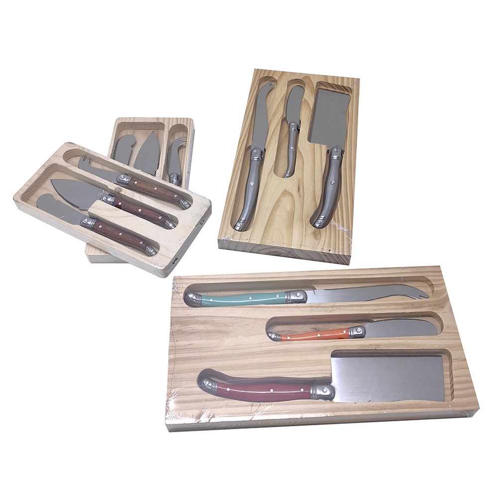 Wholesale 3 Pieces Laguiole Design Butter Knife Spreader Cheese Knife Set with Pine Wood Holder