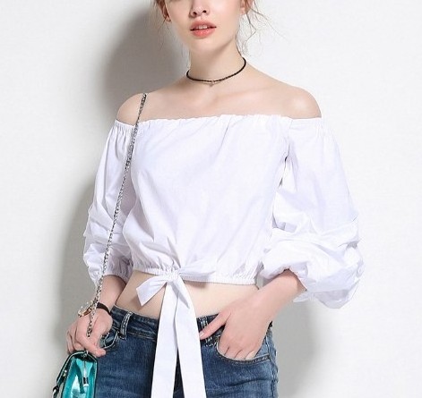 Korean Design Off shoulder White Crop Top Neat Short Bow Blouses Women Female Streetwear