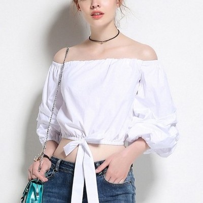 Korean Design Off shoulder White Crop Top Neat Short Bow Blouses Women Female Streetwear