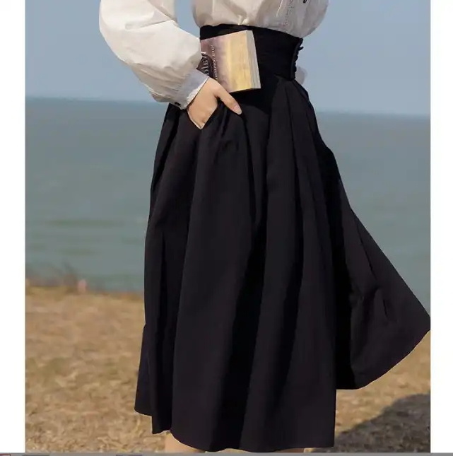 Spring new three-grain buckle female retro high waist a word medium-length French umbrella skirt half skirt