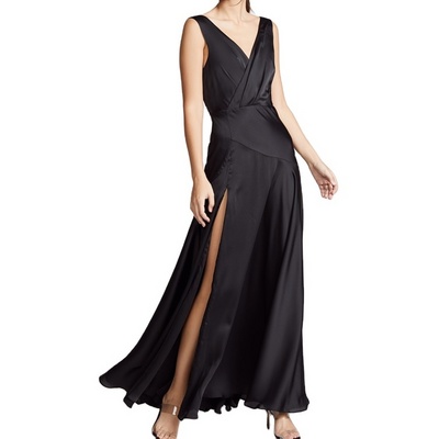 Fashion High Quality Women Clothing Casual Silk  Satin Slit open leg V-neck Ladies Sexy Dress