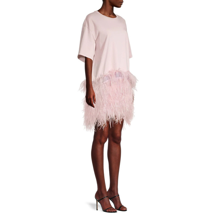 2022 New Design Summer Fashion Ostrich Feather Trim Tassel Decoration Hem T-Shirt Dress Casual Dress Women's Clothing