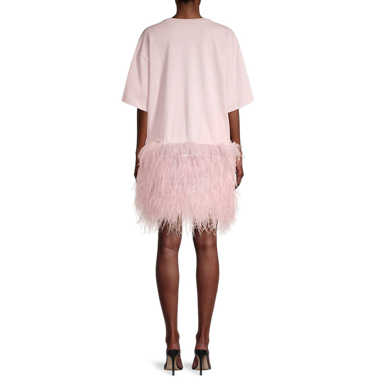 2022 New Design Summer Fashion Ostrich Feather Trim Tassel Decoration Hem T-Shirt Dress Casual Dress Women's Clothing