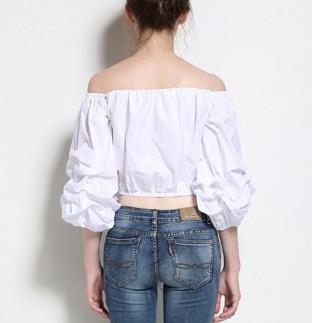 Korean Design Off shoulder White Crop Top Neat Short Bow Blouses Women Female Streetwear